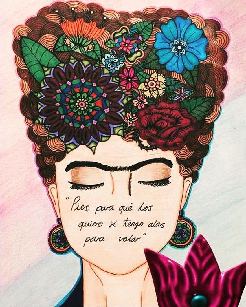 Frida Kahlo, Illustration, Zitat, Blumenkrone, Mandala, Hintergrundbild für iPad und Tablet