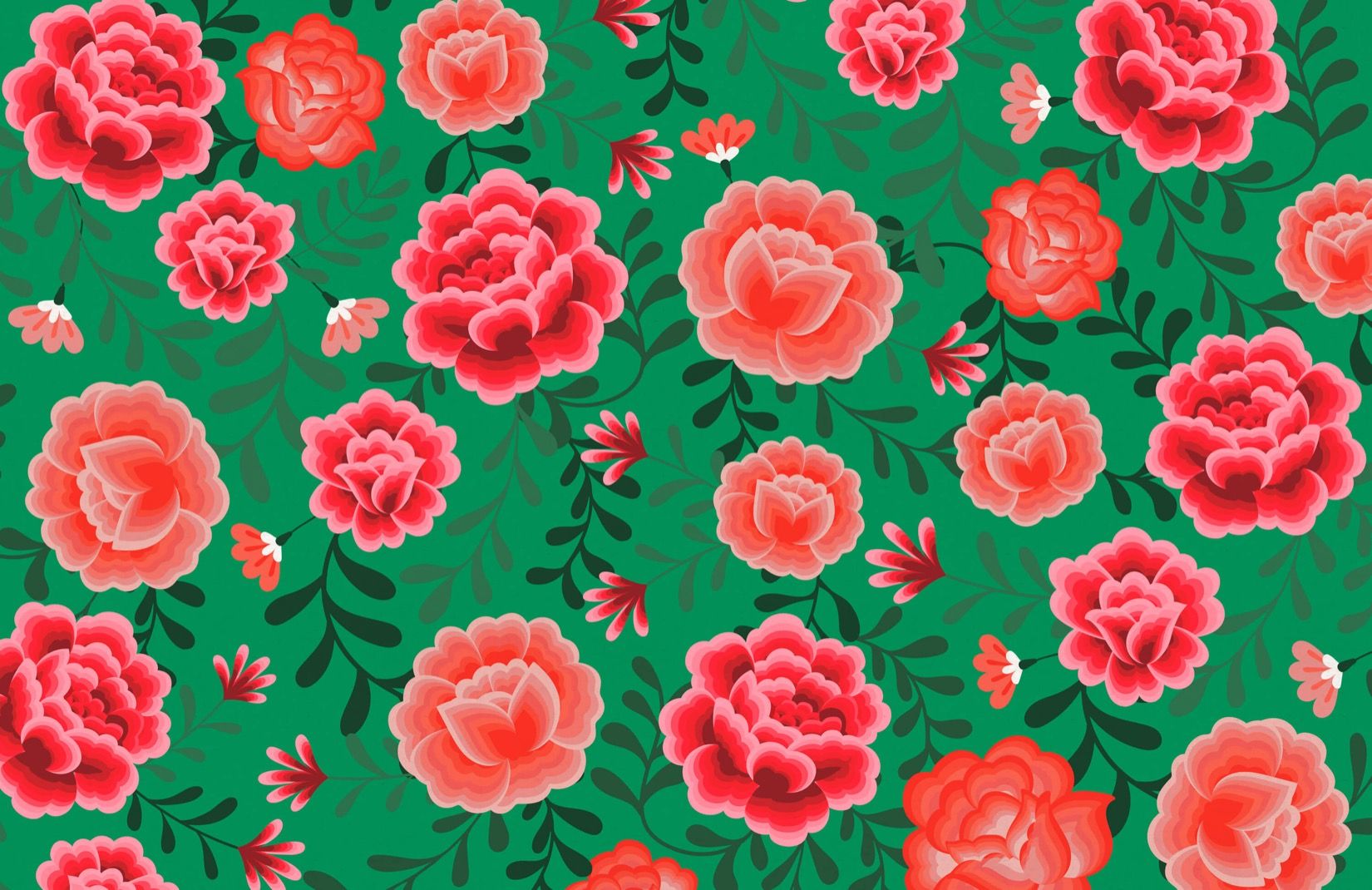 Rosen, Blumenmuster, Grüner Hintergrund, Mexikanische Stickerei, Rot, HD Wallpaper
