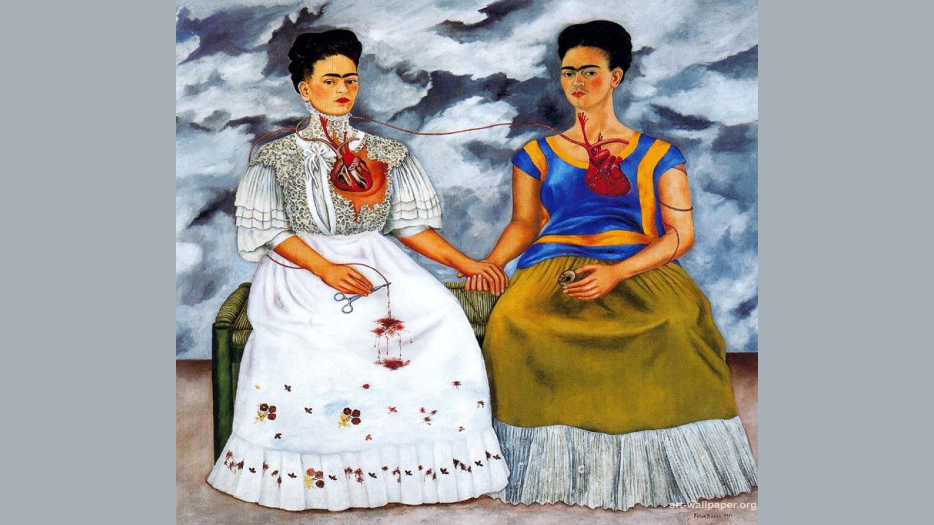 Die zwei Fridas, Frida Kahlo, Gemälde, Herzen, Gewitterwolken, Surrealismus, Full-HD-Hintergrund