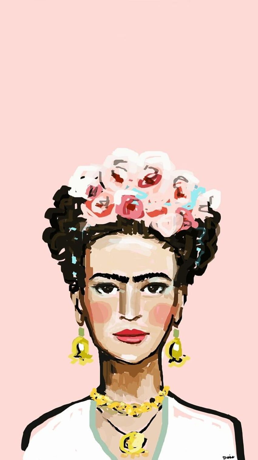 Frida Kahlo, Illustration, Blumenkranz, Rosa Hintergrund, Ohrringe, Sperrbildschirm fürs iPhone