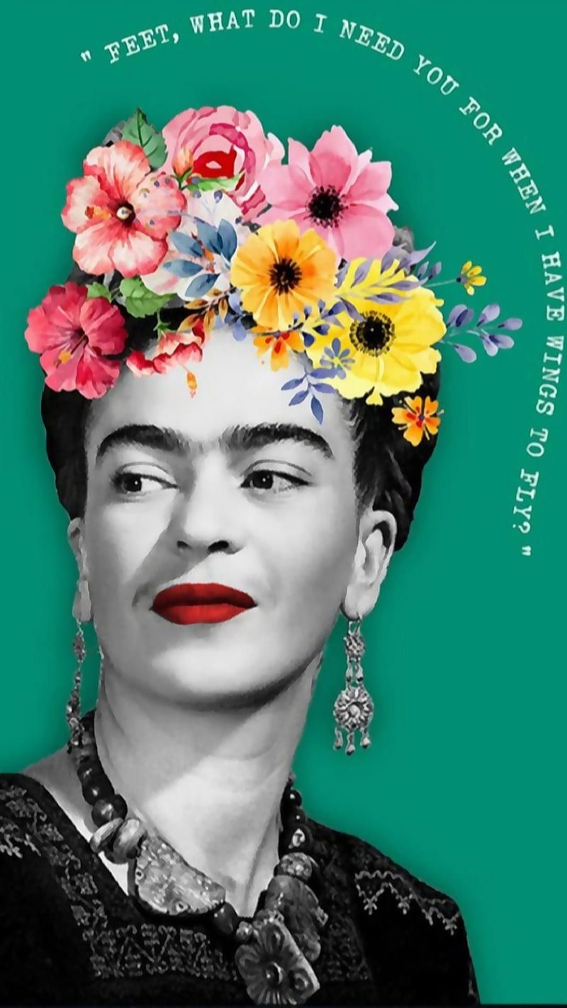 Frida Kahlo, Schwarzweißfoto, Bunte Blumen, Zitat, Smaragdgrün, Android-Hintergrundbild
