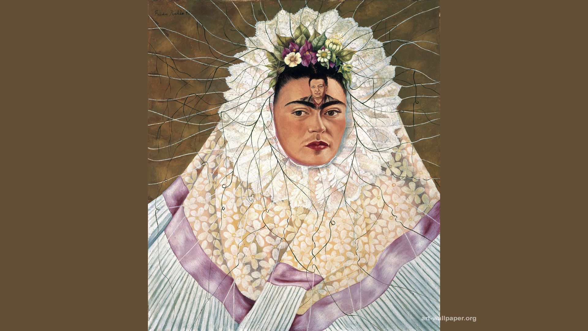 Selbstbildnis als Tehuana, Frida Kahlo, Gemälde, Spitzenschleier, Tracht, Braun, 1080p Wallpaper