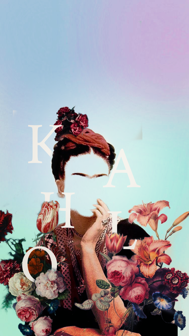 Frida Kahlo, Collage, Blumen, Pastell, Buchstaben, HD, Handy-Hintergrund im Hochformat