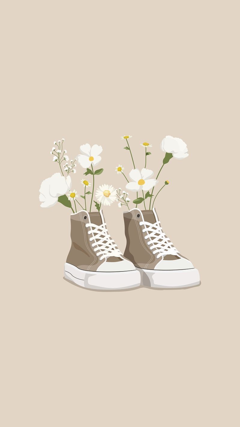 Sneaker, Gänseblümchen, Illustration, Beige, Minimalismus, HD, Handy-Hintergrund