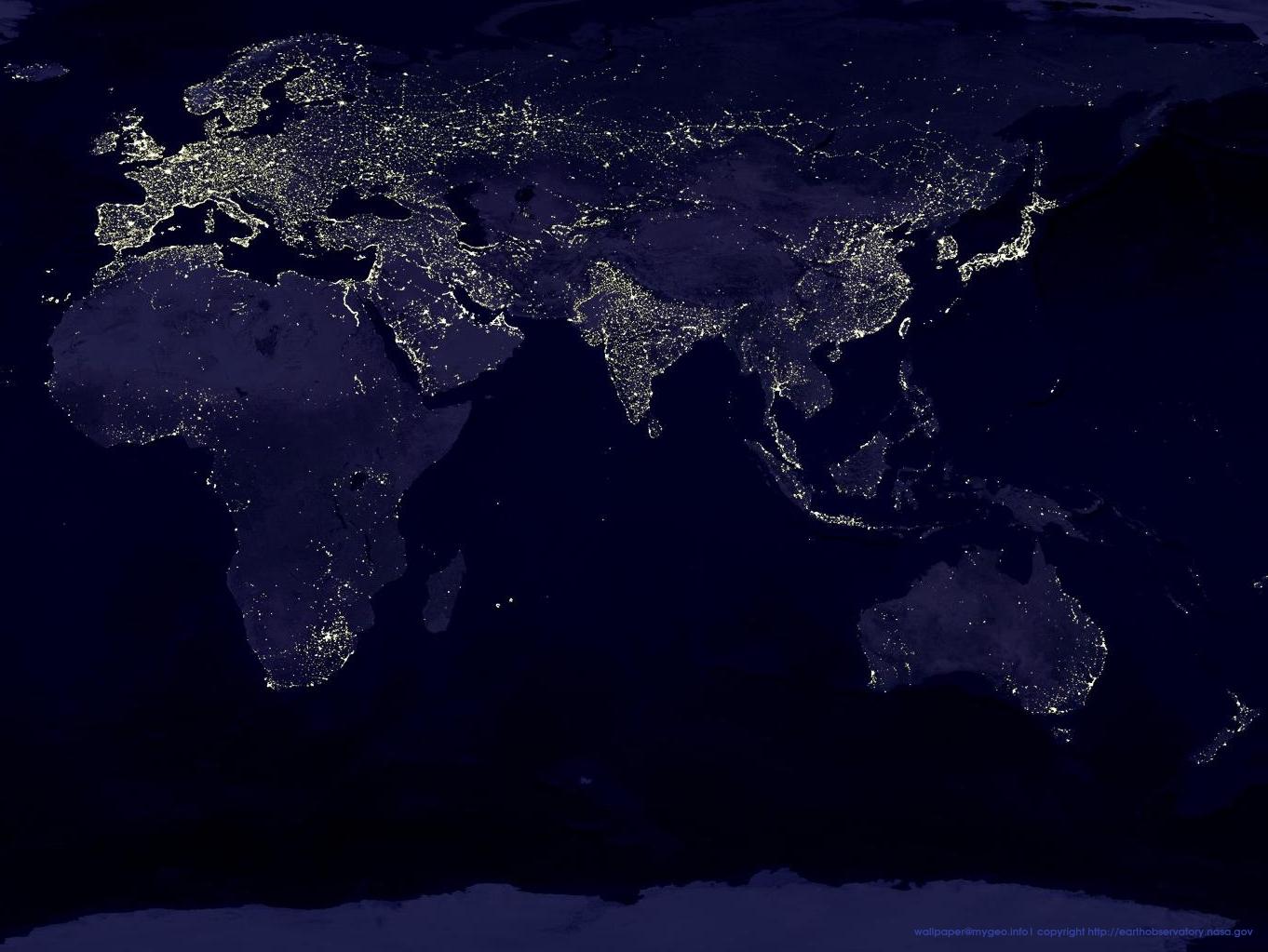 Weltkarte, Erde bei Nacht, Stadtlichter, Kontinente, Dunkelblau, Hintergrundbild fürs Tablet