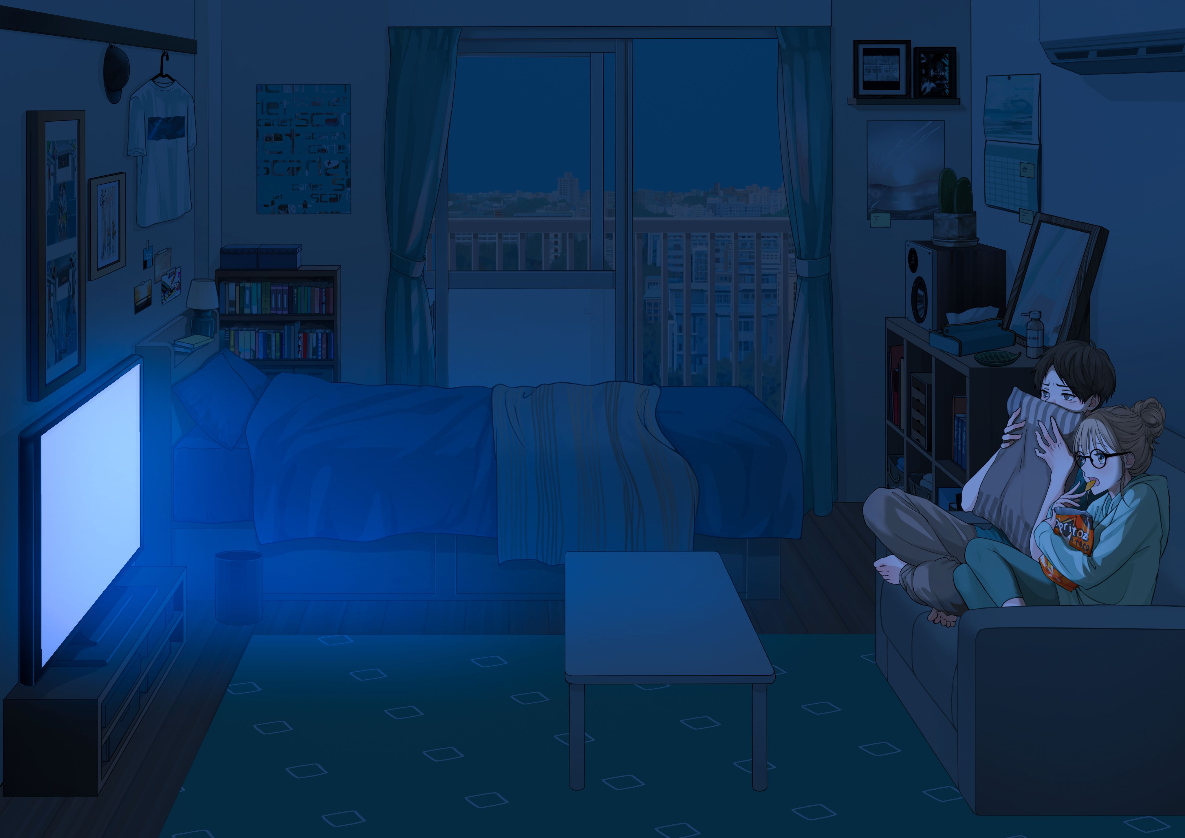 Paar, Wohnzimmer, Fernsehen, Nacht, Illustration, 4K, Desktop-Hintergrund für Windows