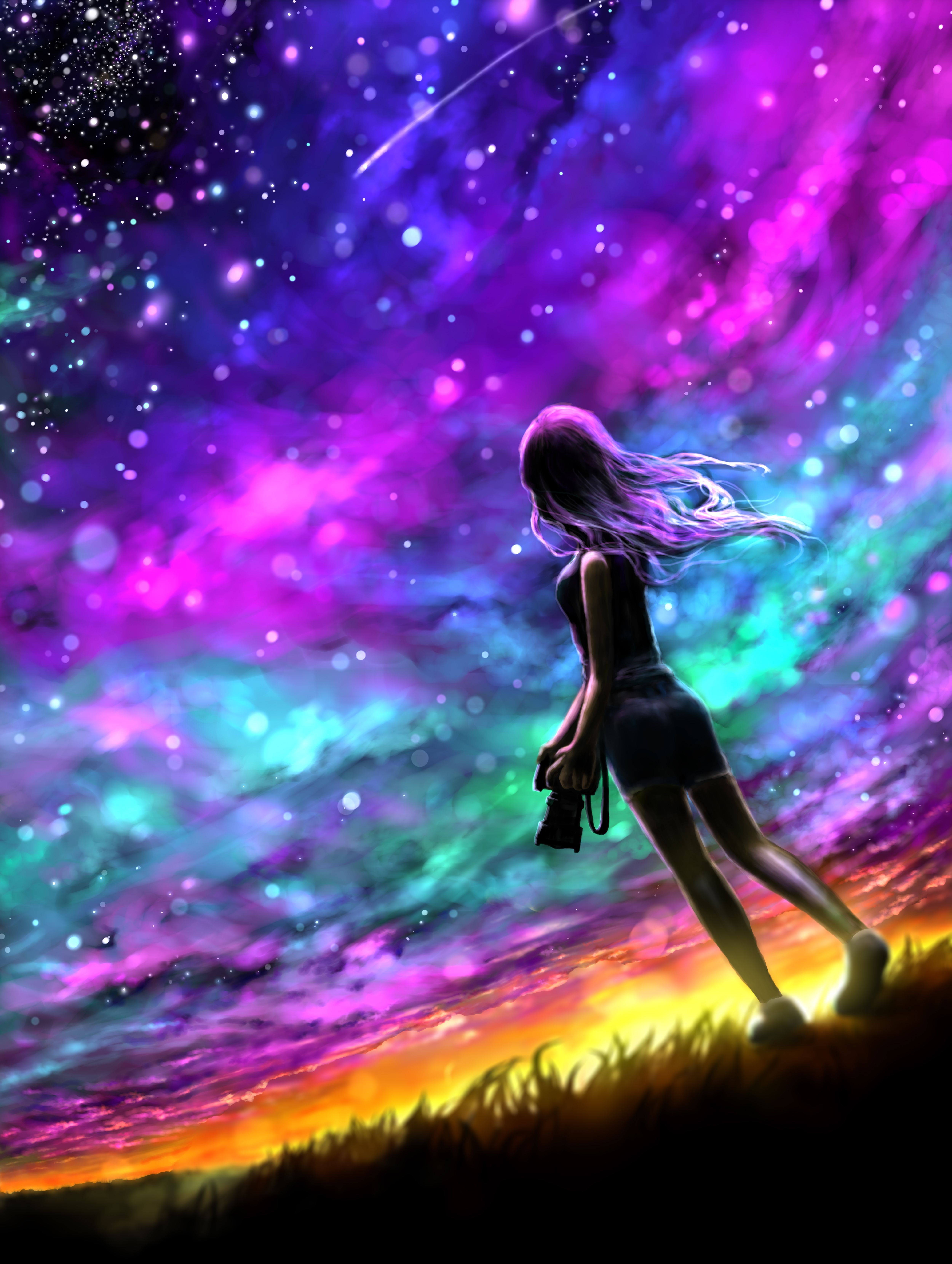 Anime-Mädchen, Sternenhimmel, Galaxie, Bunte Farben, Nacht, Fantasy, Hintergrundbild fürs iPad