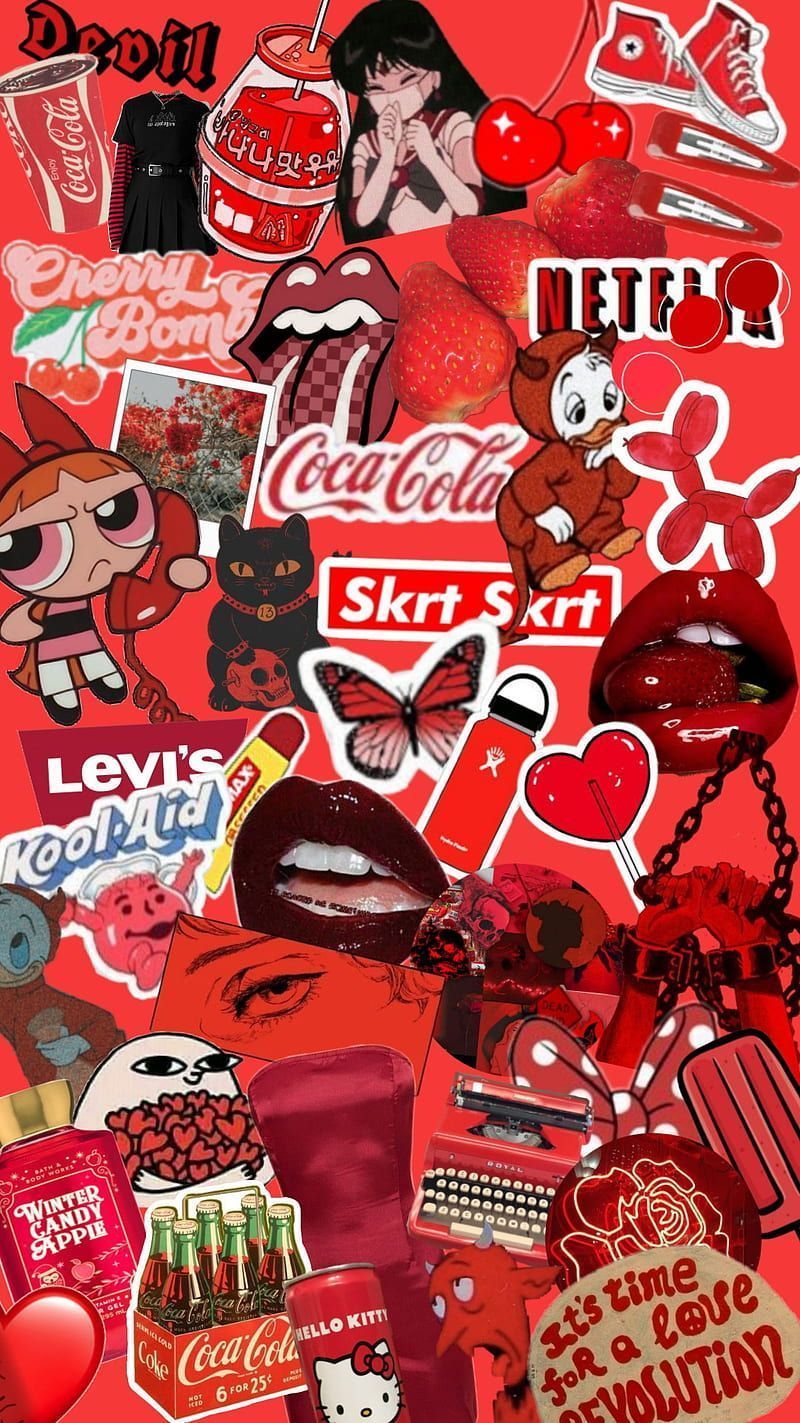 Collage, Coca-Cola, Rote Ästhetik, Sticker, Lippen, Hintergrundbild für iPhone und Android