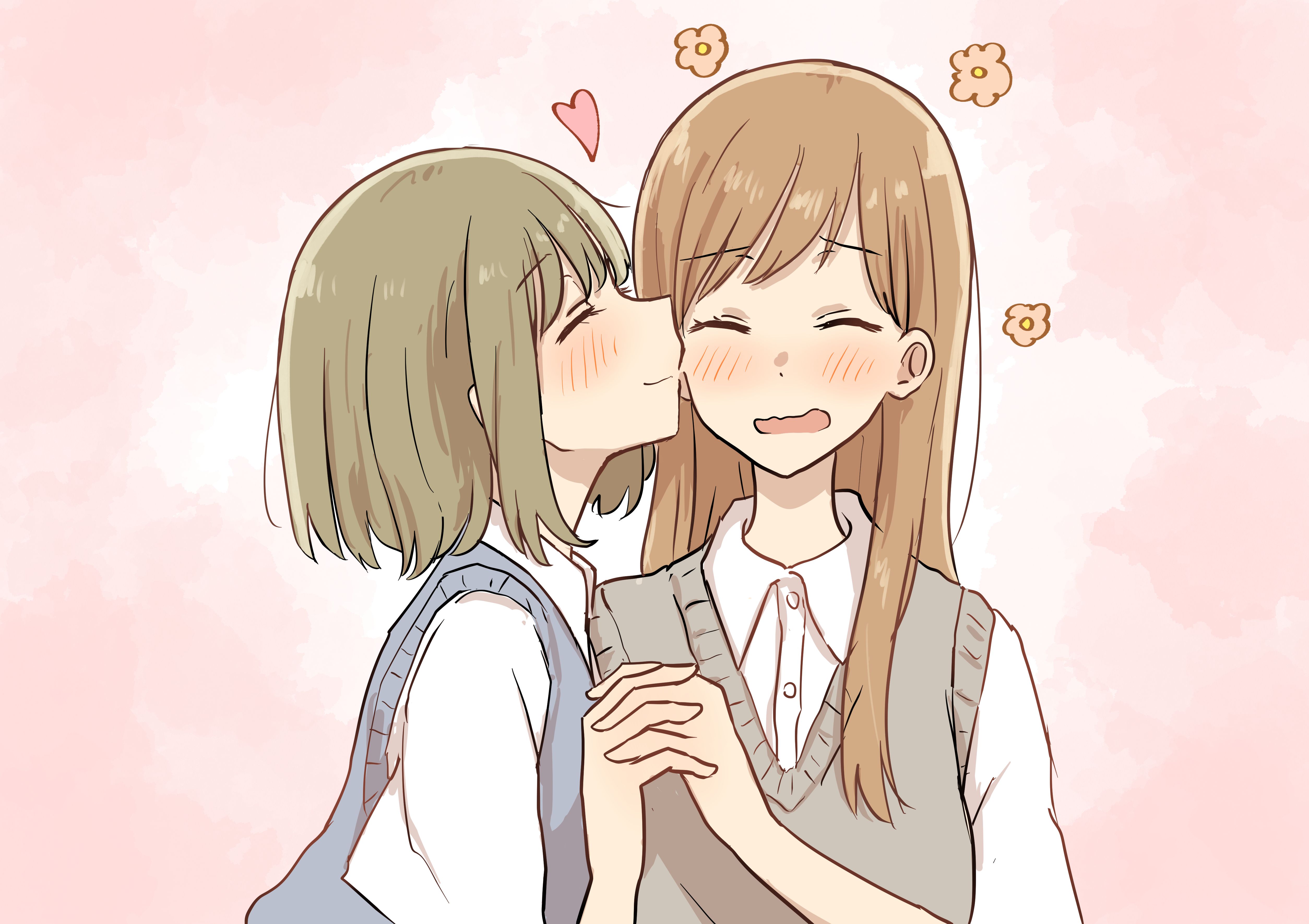 Anime, Mädchen, Wangenkuss, Händchenhalten, Pastell, 4K, Hintergrund für den Desktop