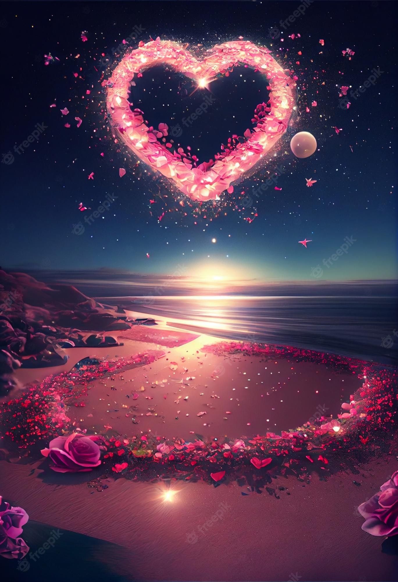 Herz aus Licht, Rosen, Meer, Mond, Fantasy, Hintergrundbild für iPad und Tablet