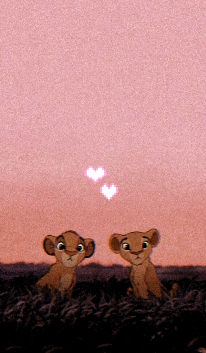 Simba, Nala, Der König der Löwen, Disney, Herzen, Rosa Himmel, Android-Hintergrundbild