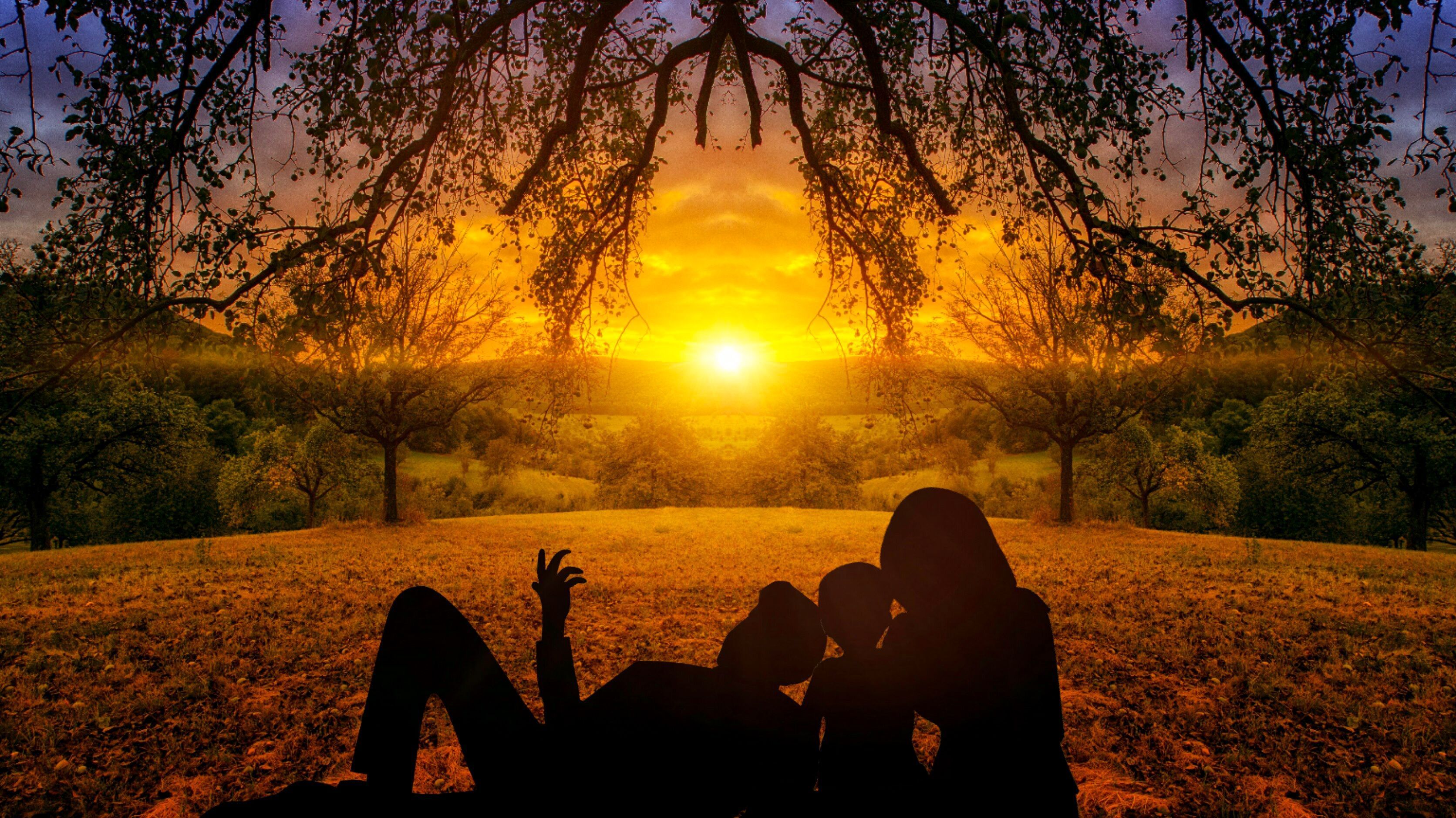 Paar, Silhouette, Sonnenuntergang, Bäume, Romantik, 2K, Hintergrundbild für den PC