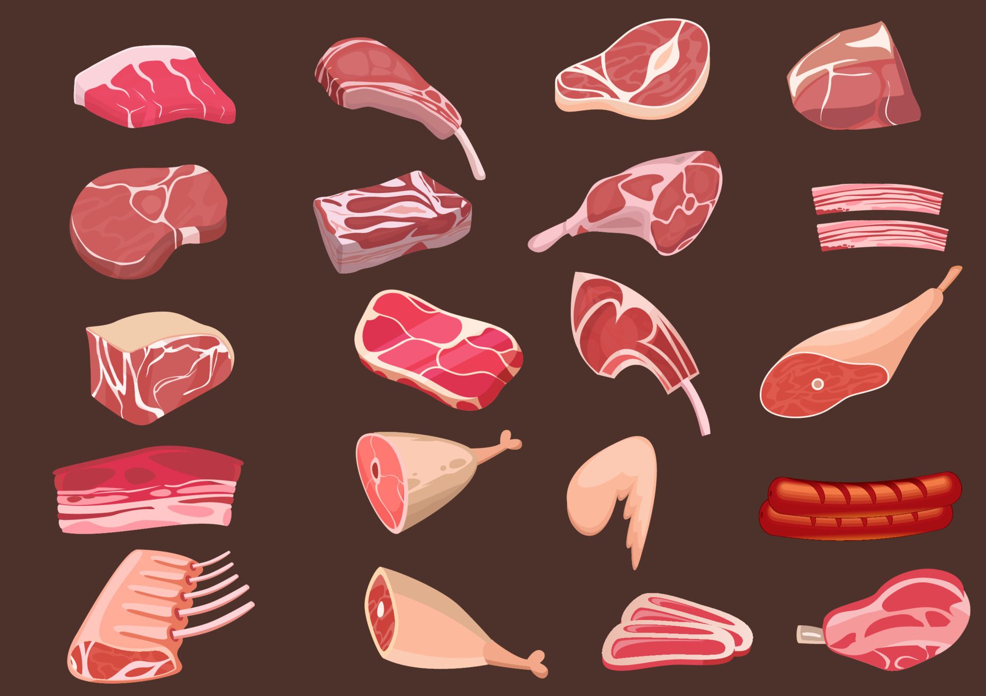 Fleischsorten, Fleischstücke, Illustration, Brauner Hintergrund, Icons, Full HD Wallpaper