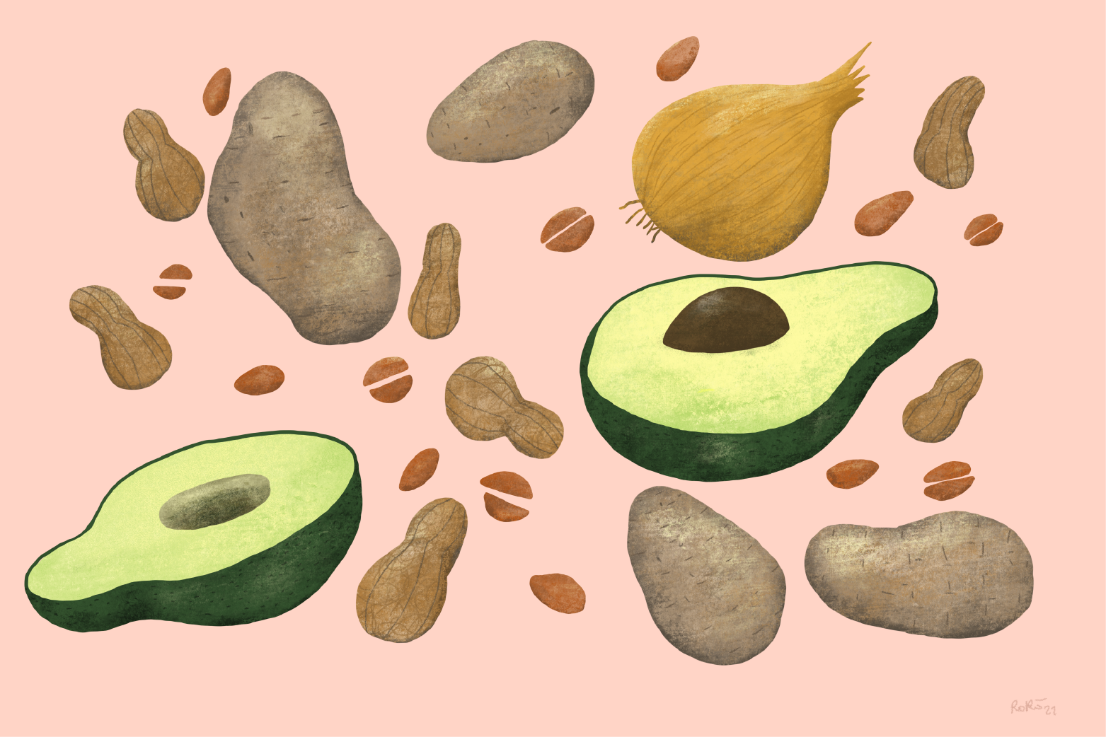 Kartoffeln, Avocado, Zwiebel, Illustration, Rosa Hintergrund, HD Wallpaper