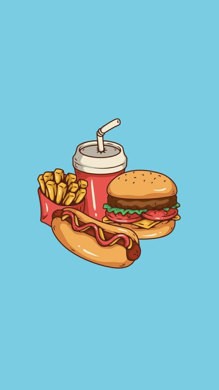 Fast Food, Burger, Hotdog, Pommes, Illustration, Hellblauer Hintergrund, Sperrbildschirm fürs iPhone