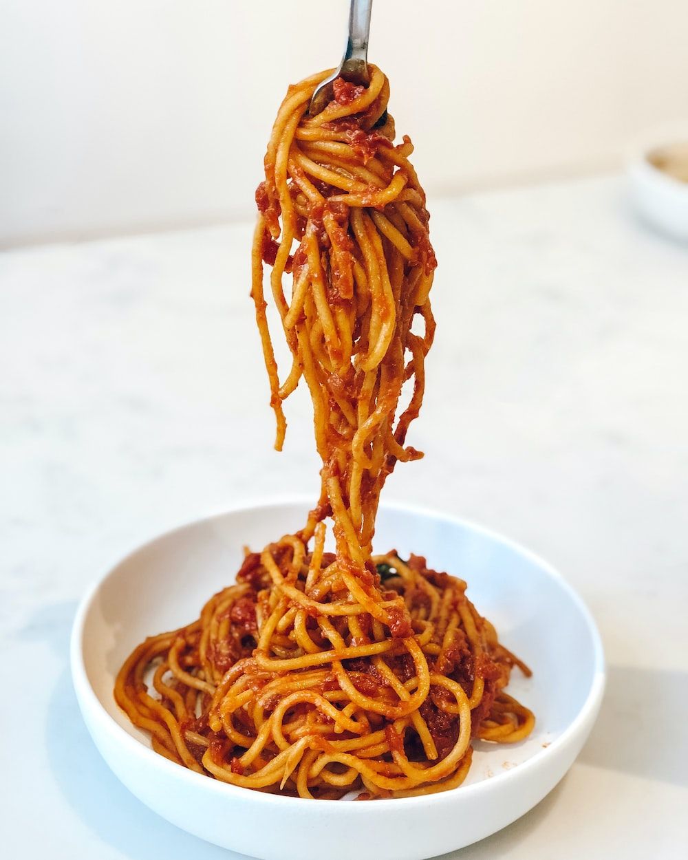 Spaghetti, Tomatensoße, Gabel, Schüssel, Weiß, Hintergrundbild für iPad und Tablet