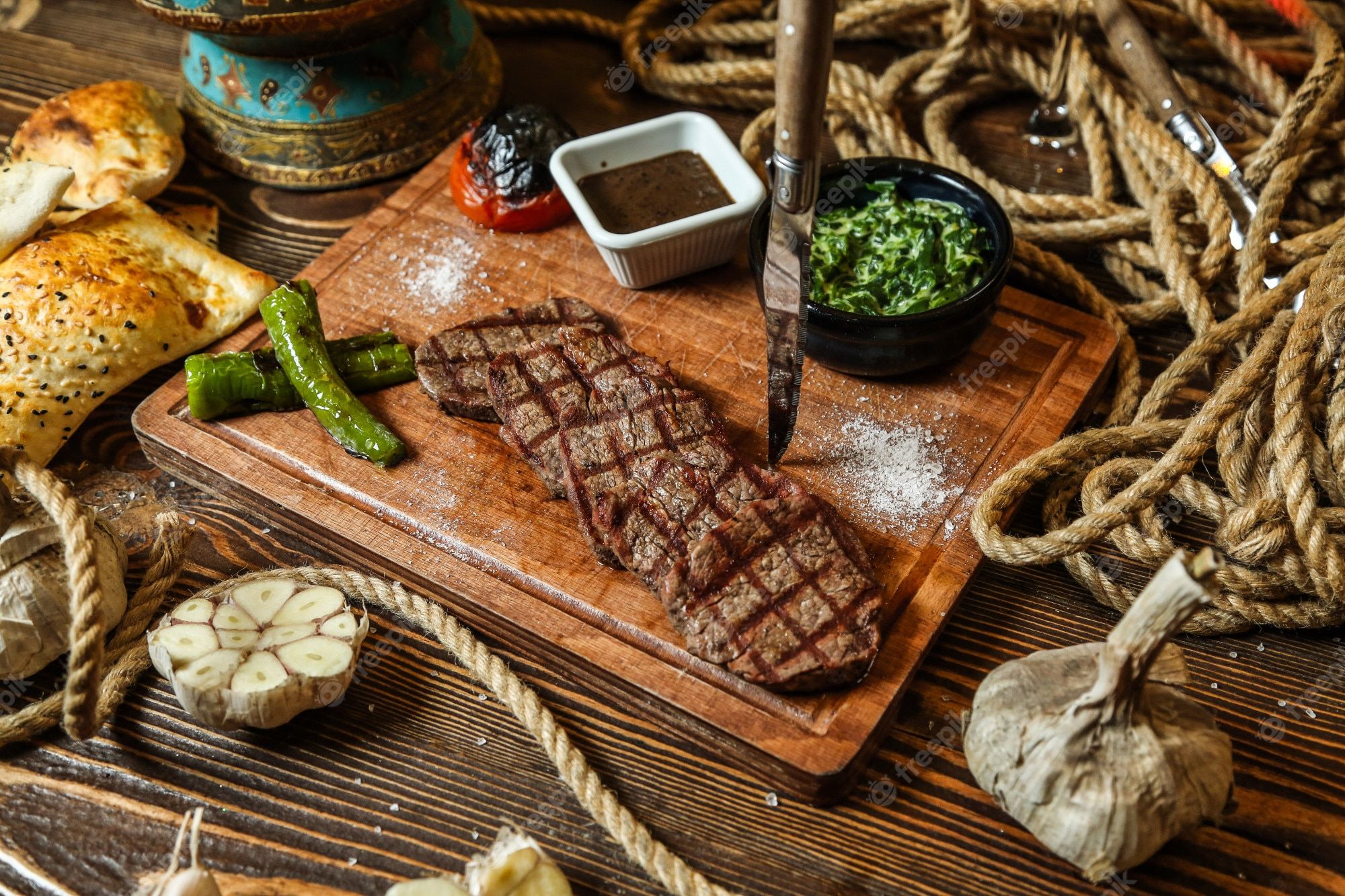 Steak, Schneidebrett, Messer, Knoblauch, Rustikal, Seil, Full-HD-Hintergrundbild für PC