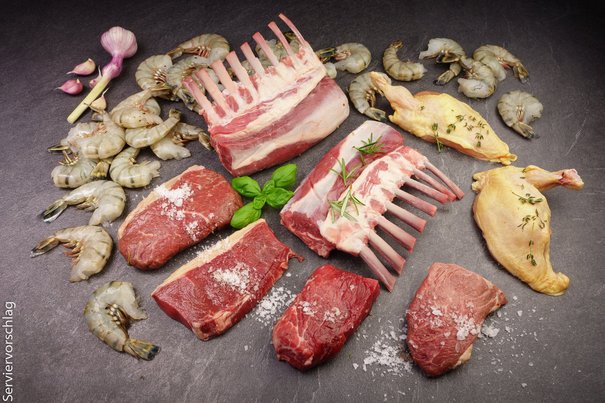 Lammkarree, Garnelen, Hähnchen, Rohes Fleisch, Schiefer, Full HD, PC-Hintergrundbild