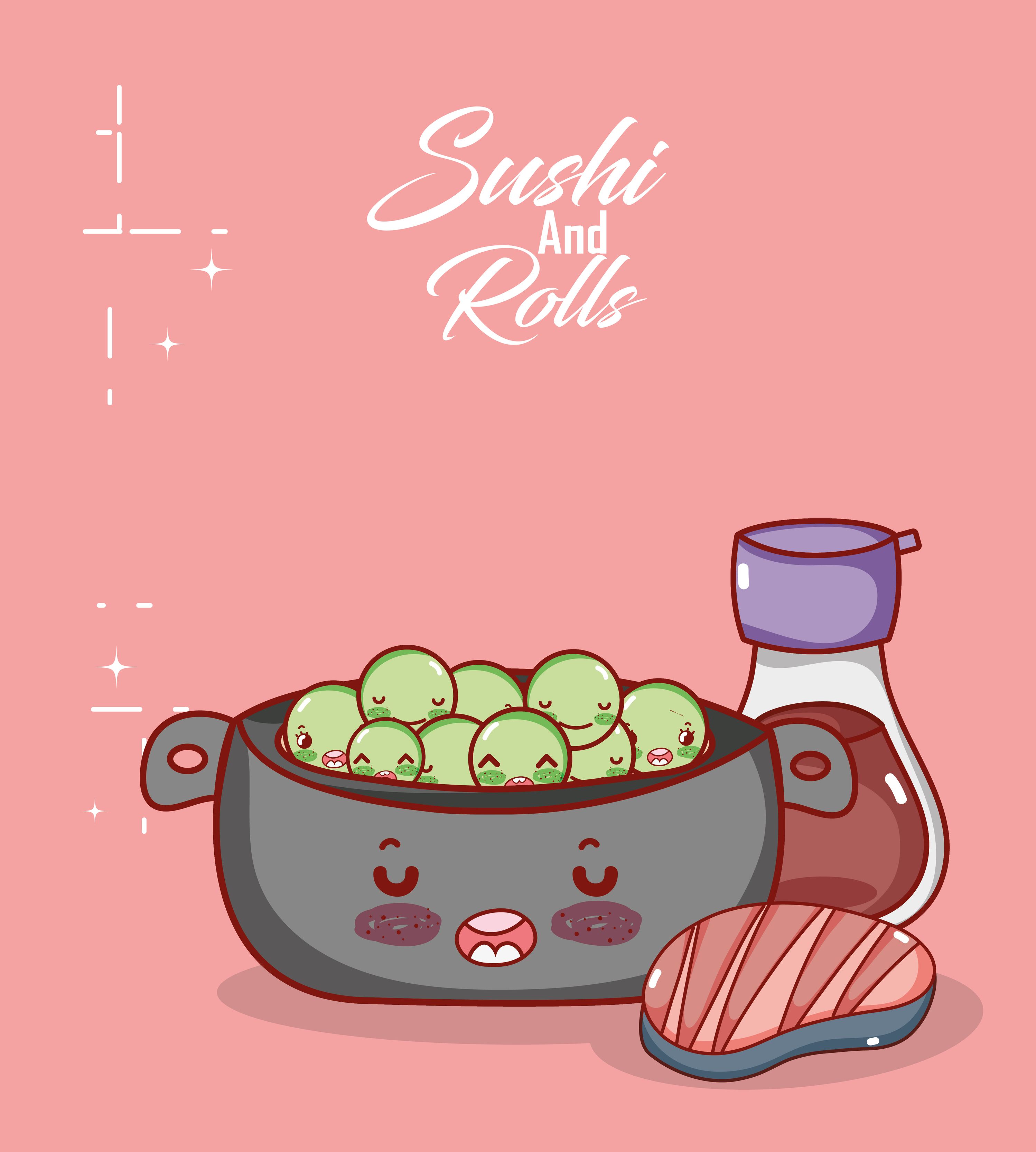 Sushi and Rolls, Kawaii, Sojasauce, Illustration, Rosa Hintergrund, 2K Wallpaper