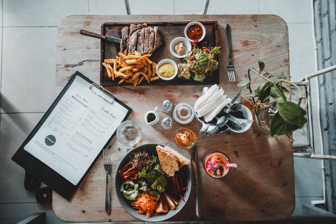 Restaurant, Speisekarte, Steak, Pommes, Draufsicht, Hintergrund