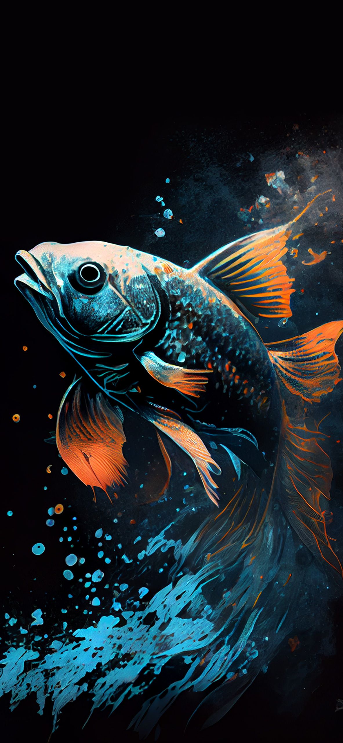 Fisch, Digitale Kunst, Wasserspritzer, Schwarzer Hintergrund, Türkis und Orange, Sperrbildschirm