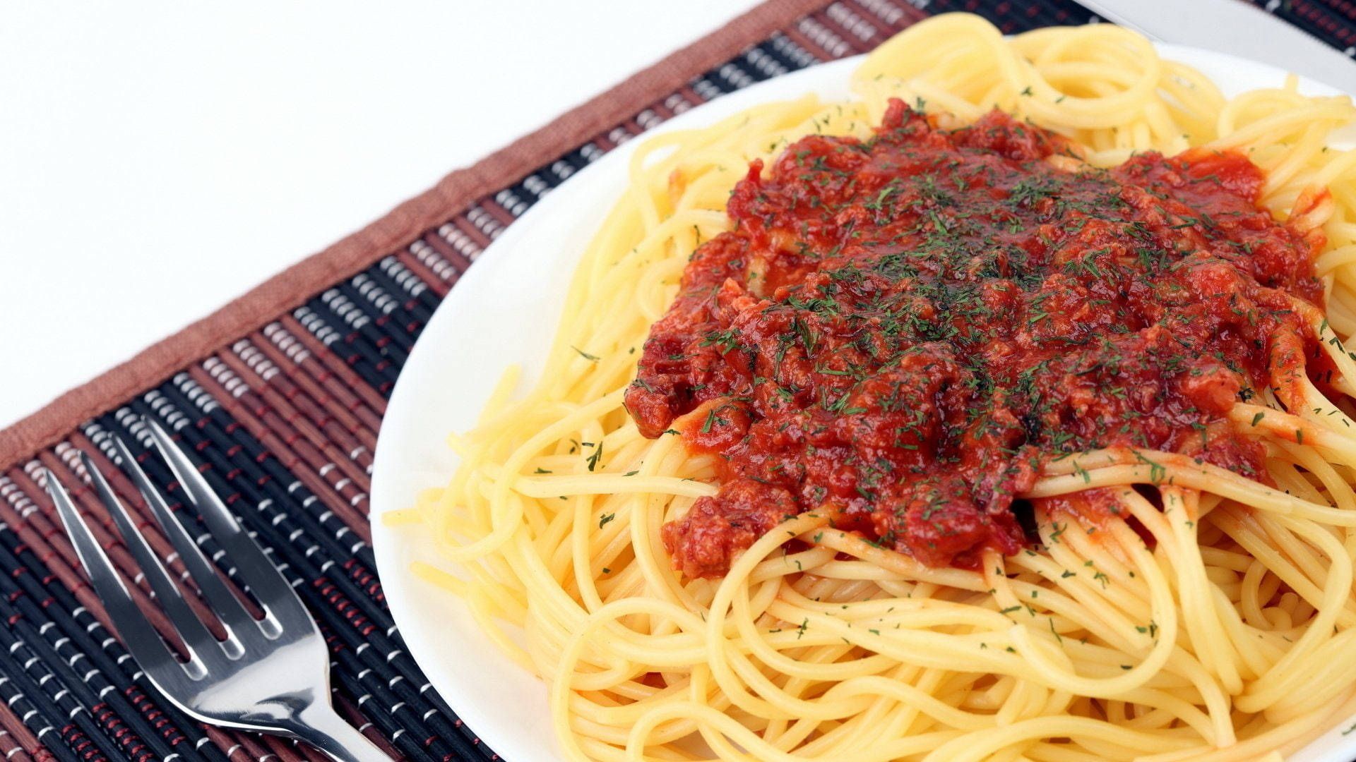 Spaghetti Bolognese, Teller, Gabeln, Hackfleischsoße, Full HD 1080p, Desktop-Hintergrundbild