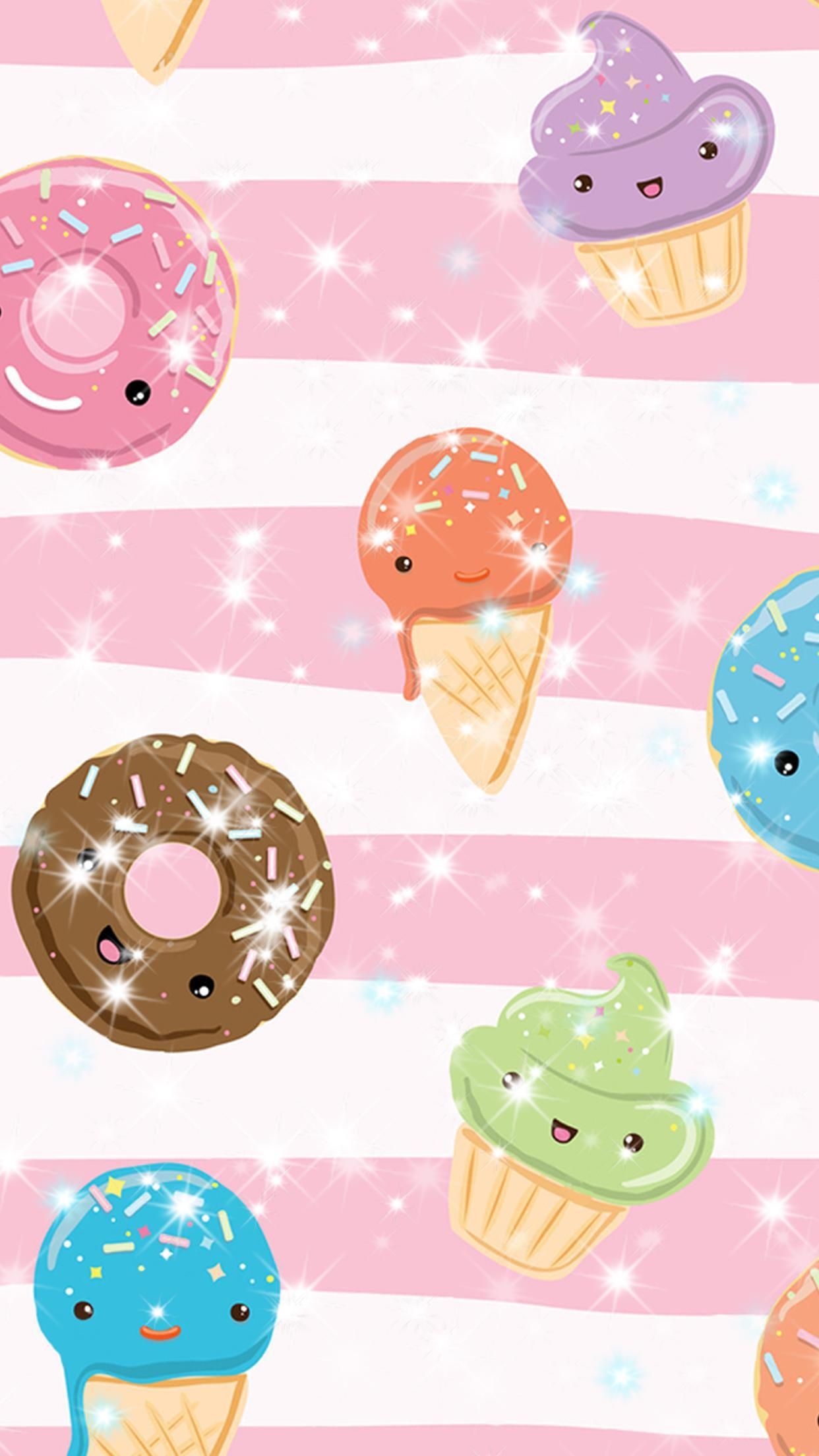 Donuts, Eiscreme, Cupcakes, Kawaii, Rosa Streifen, Süßigkeiten, 1242x2208, Handy-Hintergrund