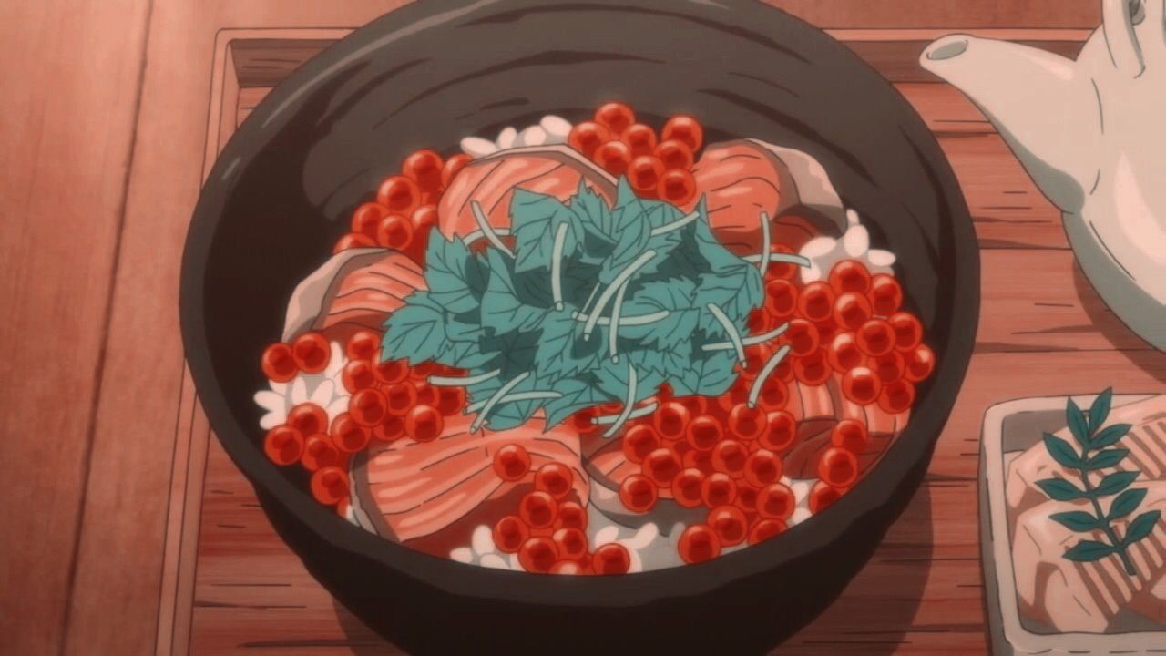 Anime-Essen, Reisschale, Lachsrogen, Kräuter, Illustration, HD-Hintergrundbild für PC