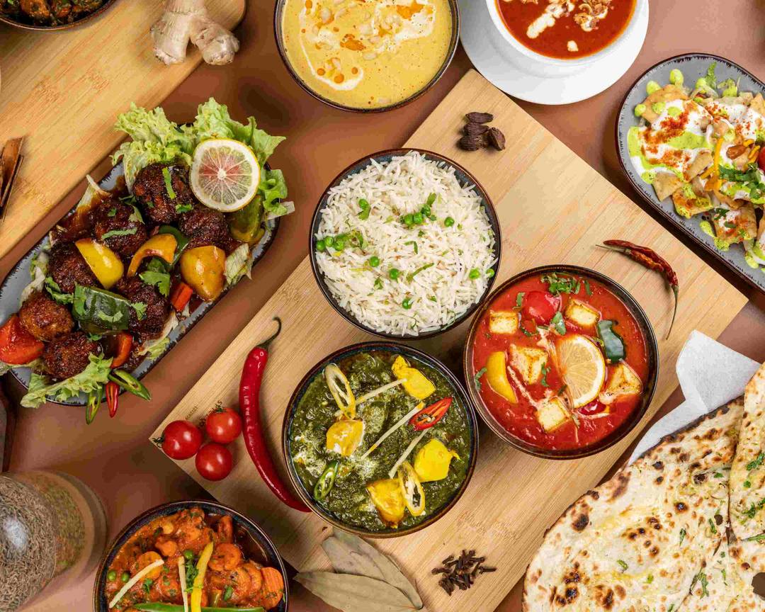 Indische Küche, Currys, Reis, Naan, Buffet, Hintergrundbild