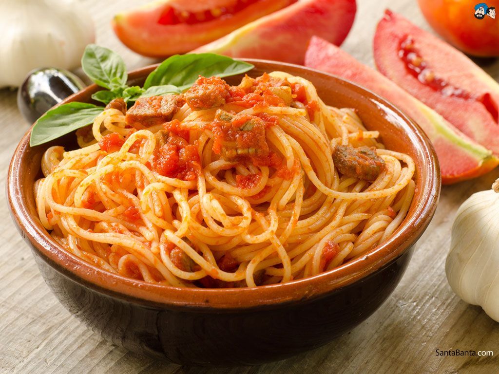 Spaghetti, Tomatensoße, Basilikum, Schüssel, Tomaten, Hintergrundbild für iPad und Tablet