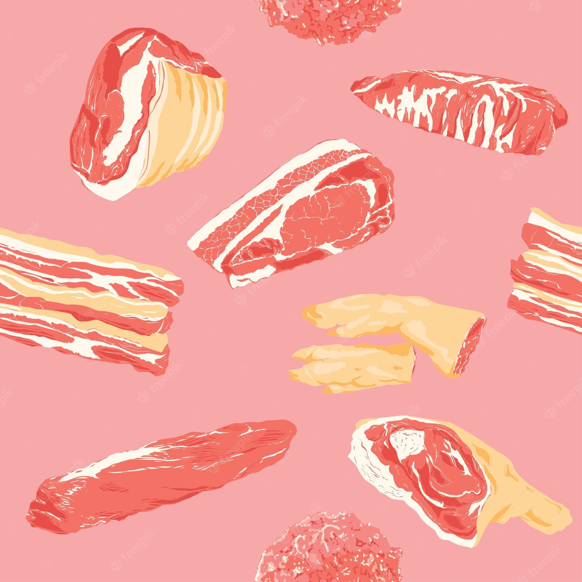 Speck, Fleischstücke, Illustration, Rosa Hintergrund, Muster, Full HD Wallpaper