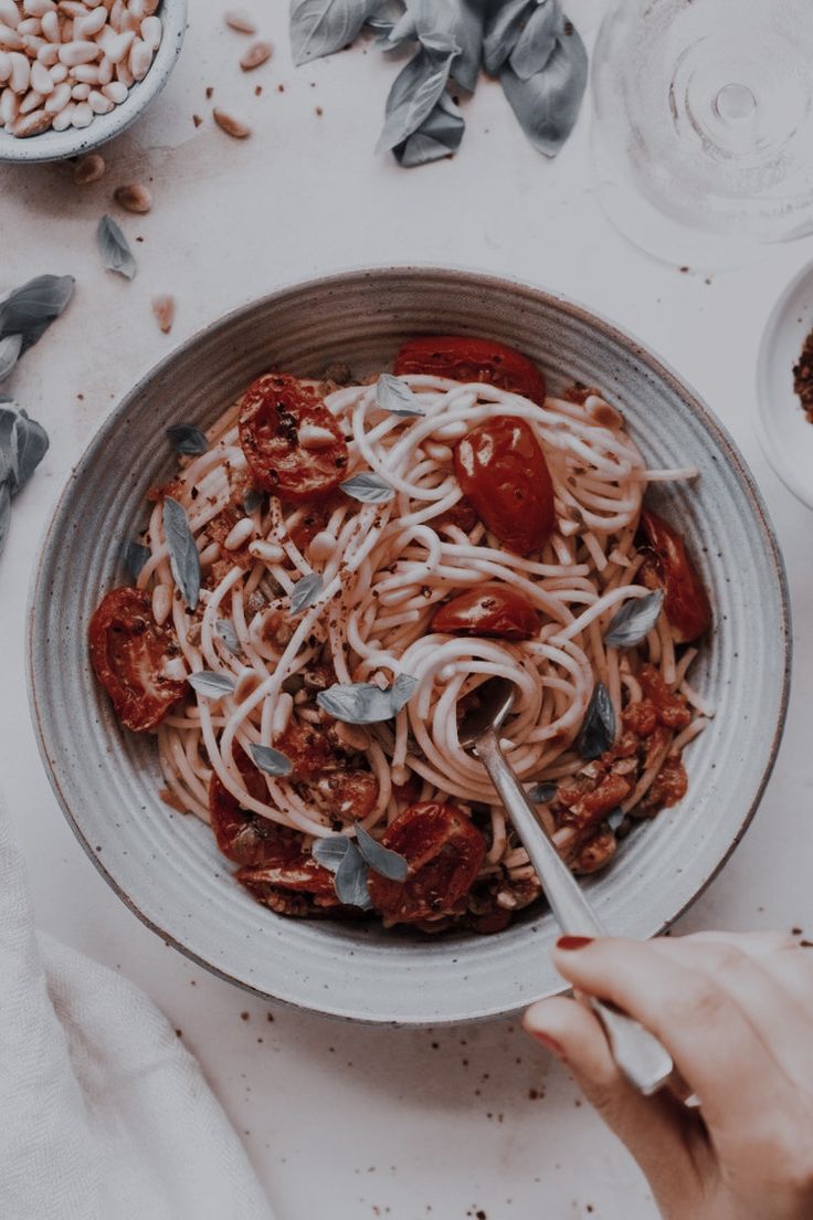 Spaghetti Bolognese, Schüssel, Gabel, Draufsicht, HD, Hintergrundbild fürs Handy