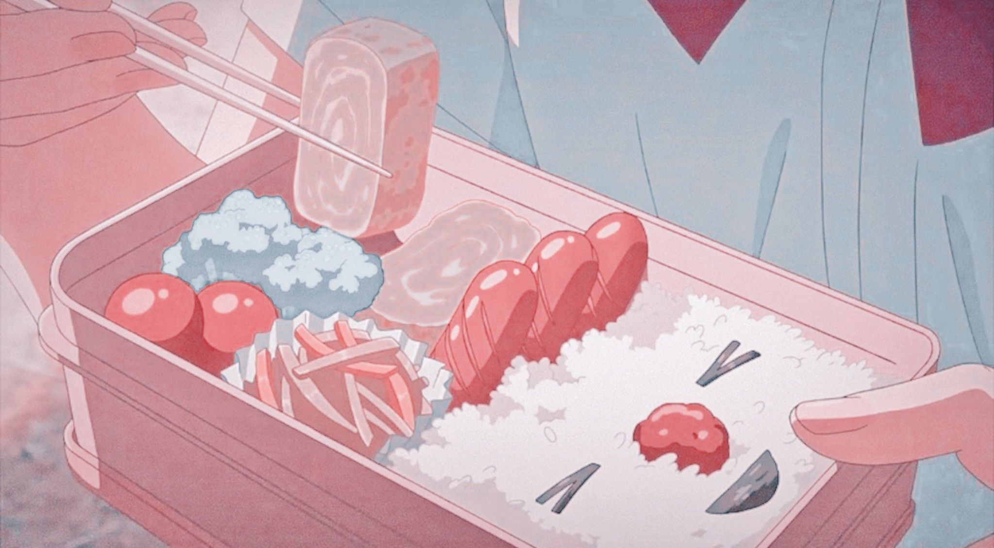 Bento-Box, Anime-Stil, Reis, Würstchen, Pastell, Full HD, Desktop-Hintergrund für Windows