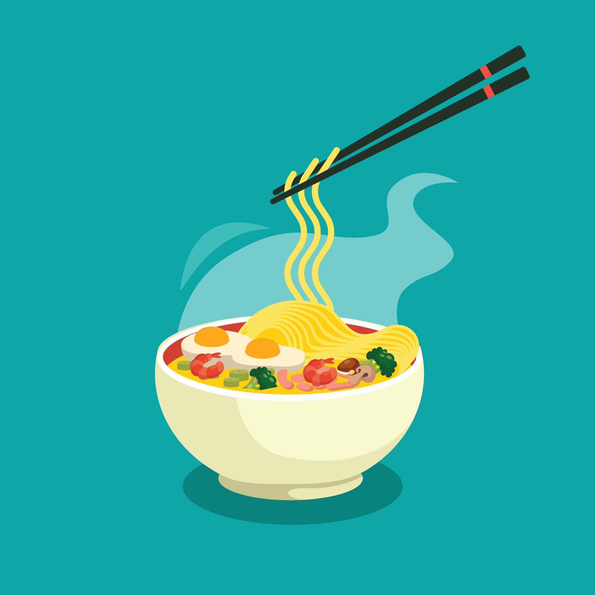 Nudelsuppe, Ramen, Stäbchen, Illustration, Türkis, Full HD, iPad-Hintergrundbild