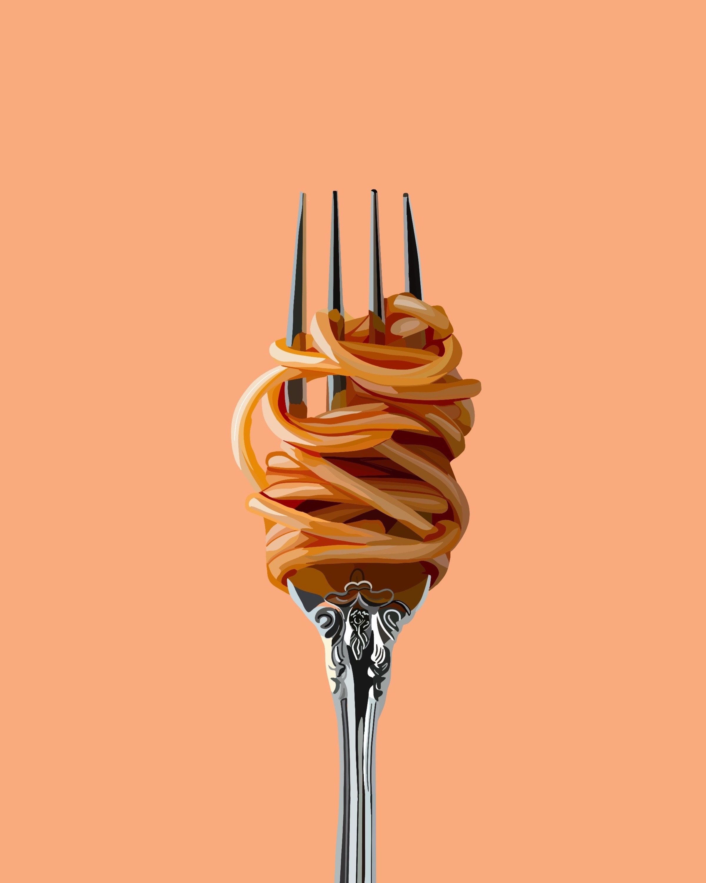Spaghetti, Gabel, Tomatensoße, Lachsrosa, Minimalistisch, QHD+, Tablet-Hintergrund