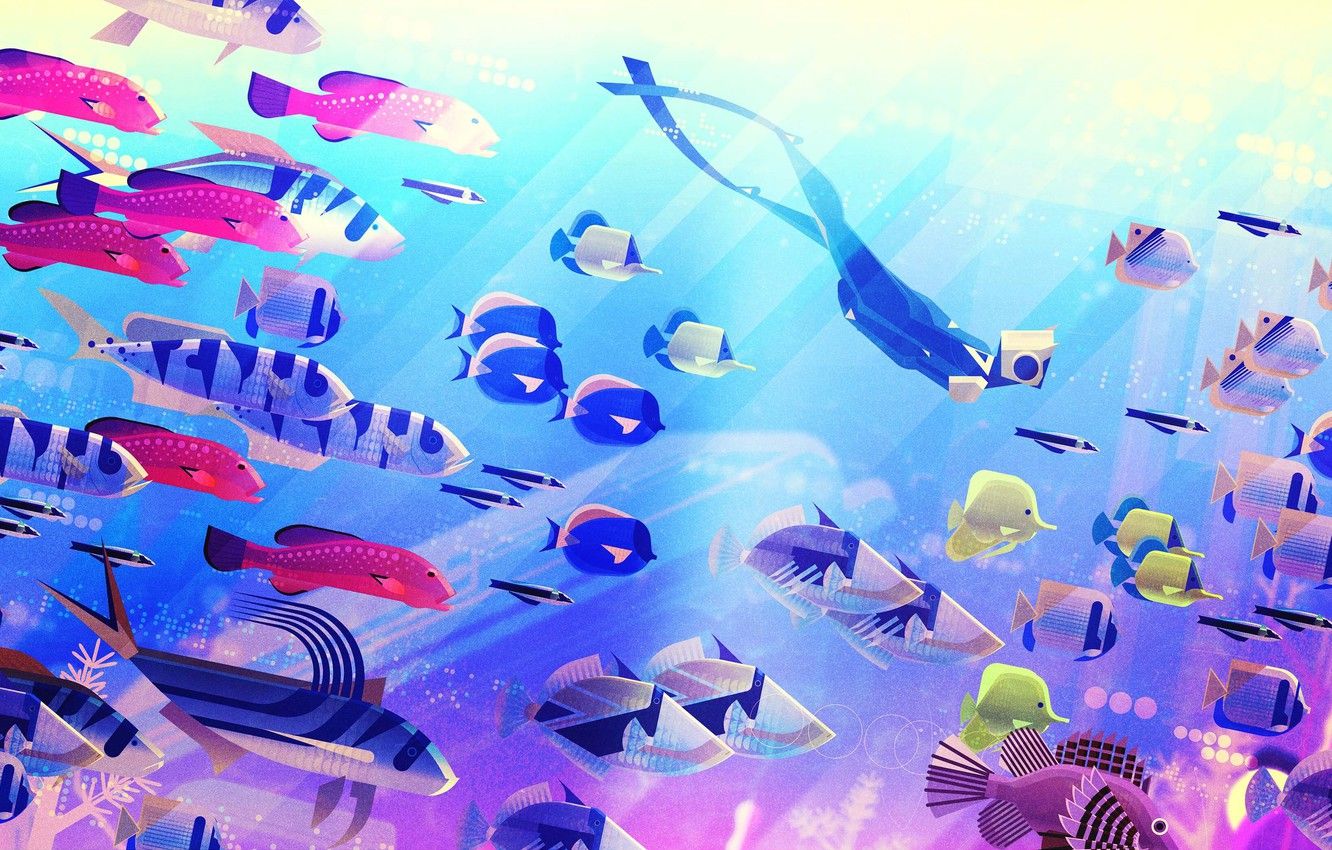 Tropische Fische, Taucher, Illustration, Fischschwarm, Bunt, HD-Hintergrundbild für PC