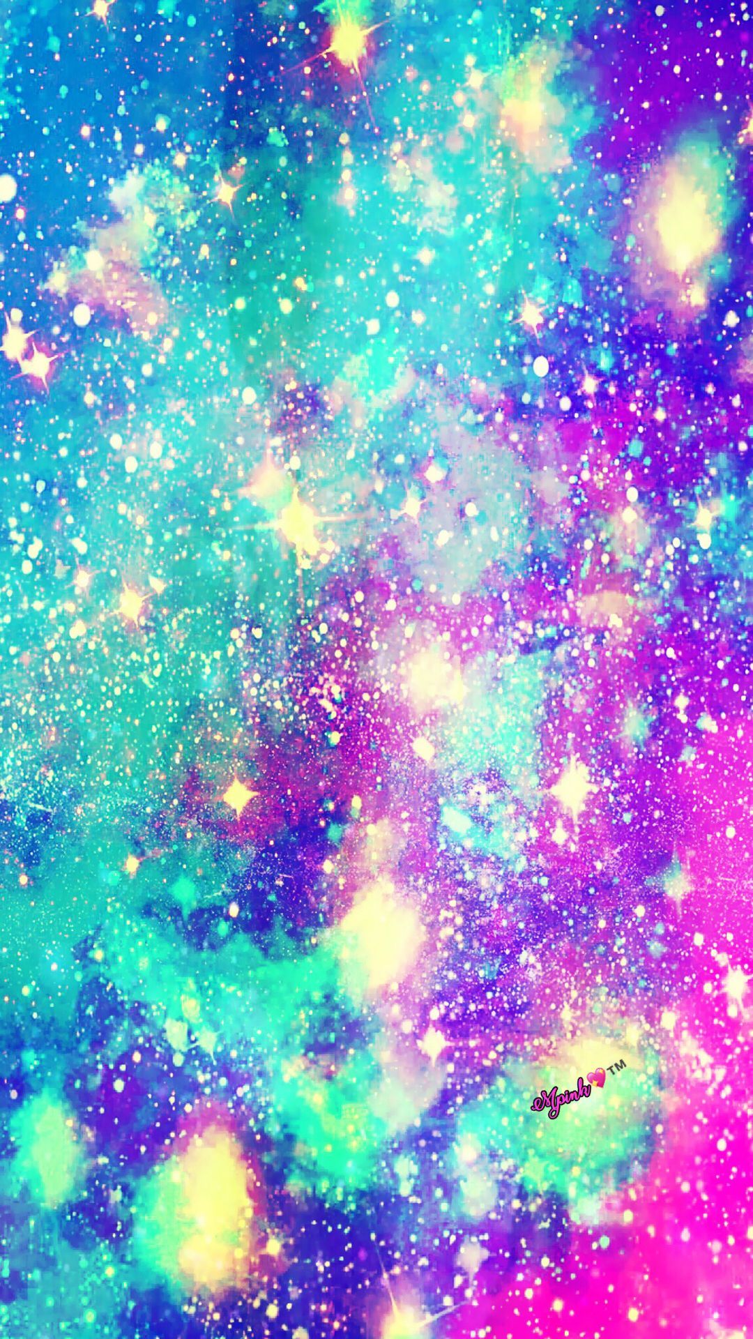 Kosmisch, Türkis und Pink, Sternenstaub, Glitzer, Hochformat, Hintergrundbild fürs Smartphone