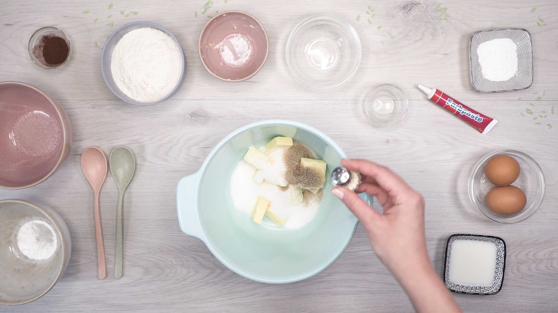 Backzutaten, Schüssel, Butter, Eier, Draufsicht, Full HD 1080p, Desktop-Hintergrundbild