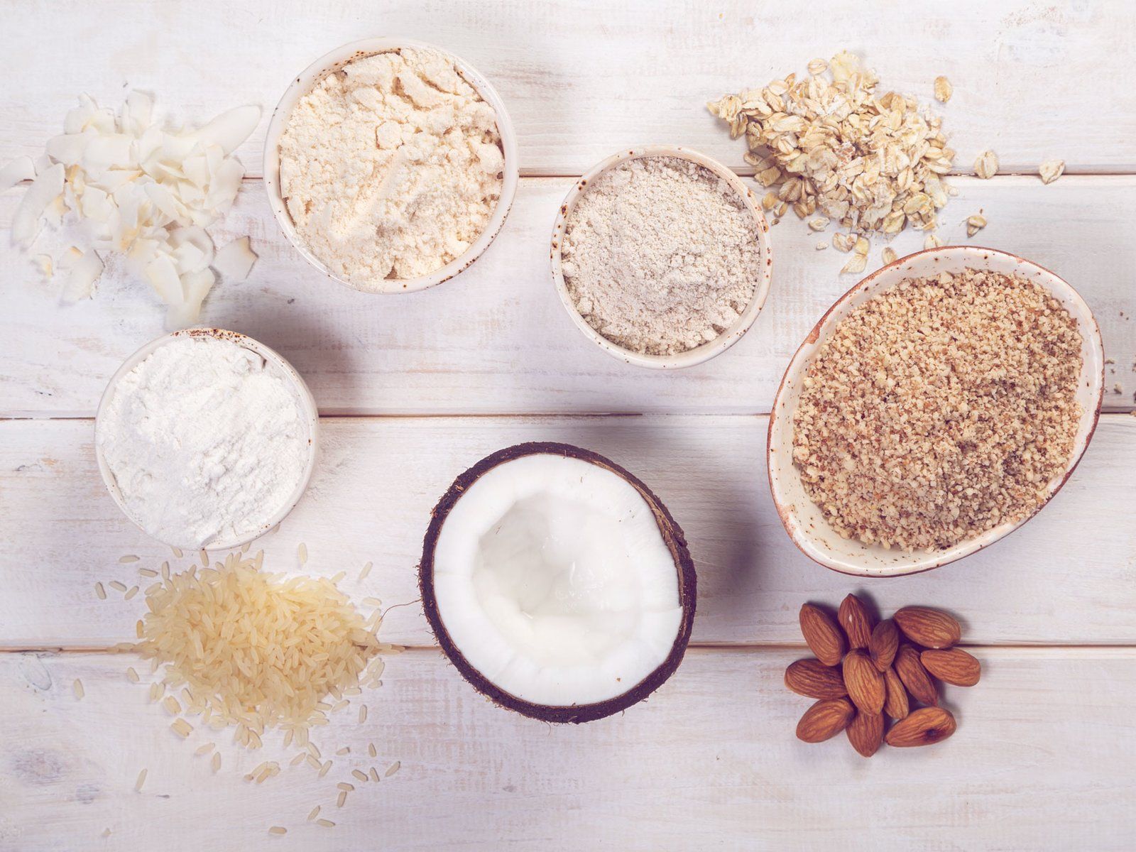 Mehlsorten, Kokosnuss, Mandeln, Glutenfrei, Schälchen, HD, Hintergrundbild fürs Tablet