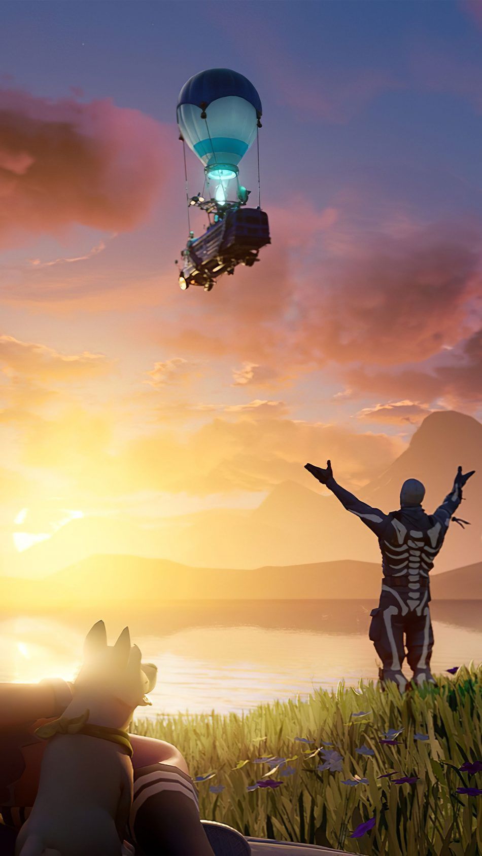 Battle Bus, Fortnite, Siegerpose, Sonnenuntergang, Wiese, Hintergrundbild fürs Handy