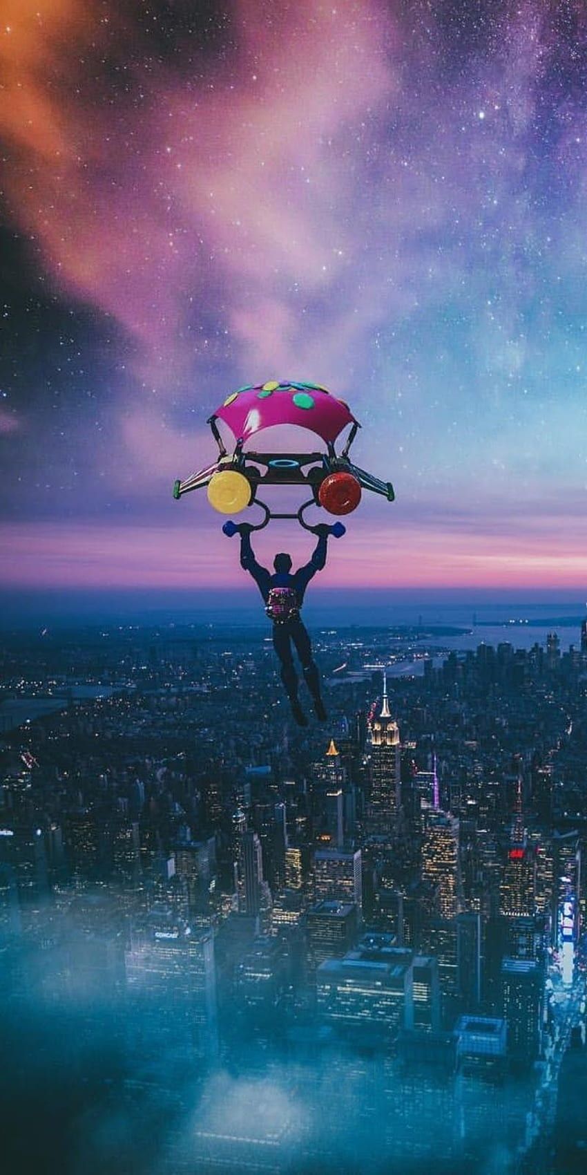 Fortnite, Gleiter, Stadt, Nachthimmel, Wolken, HD, Hintergrundbild fürs Handy