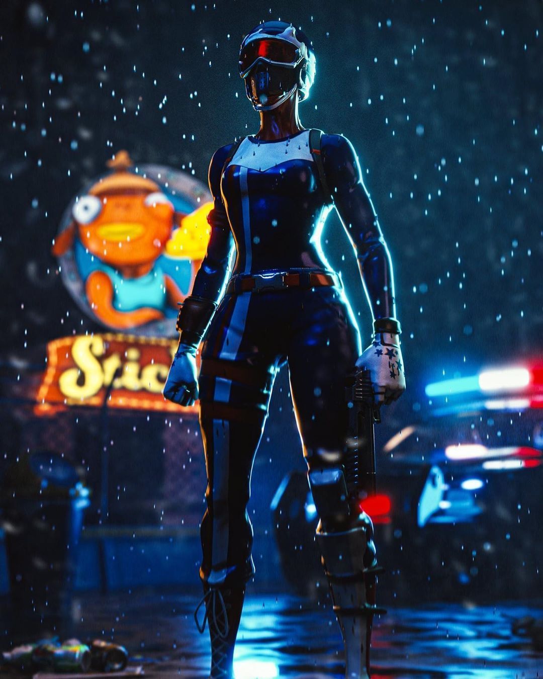 Fortnite, Spielfigur, Regen, Nacht, Neonlichter, Videospiel, Full HD, iPad-Hintergrundbild