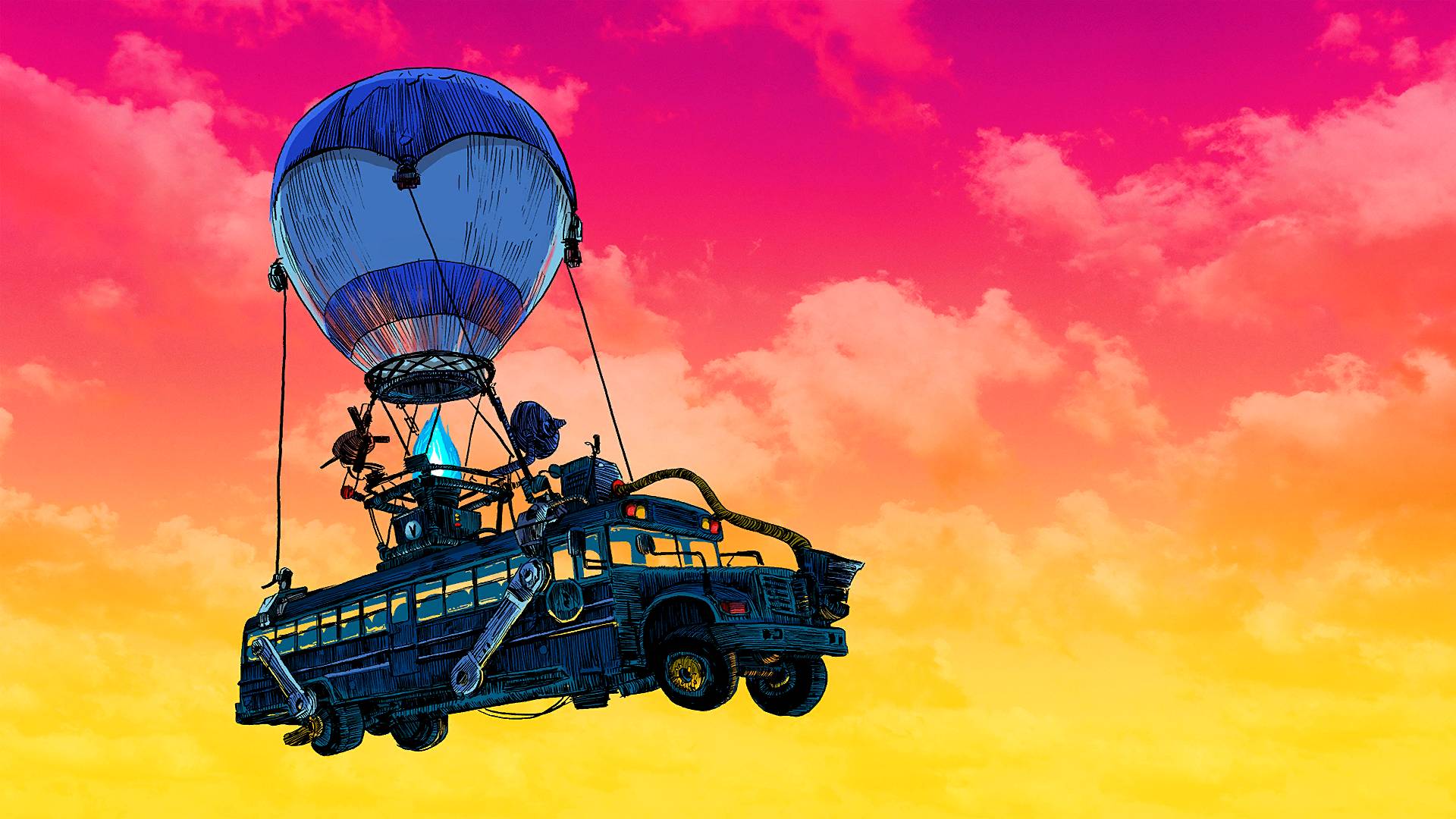 Battle Bus, Fortnite, Heißluftballon, Bus, Sonnenuntergang, Orange, Full HD, Desktop-Hintergrund