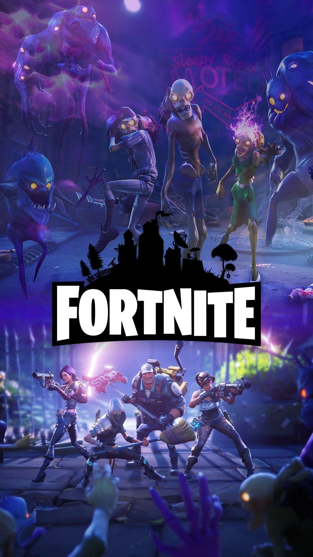 Fortnite, Fortnite-Logo, Skins, Gruppe, Lila, Full HD, Handy-Hintergrund im Hochformat