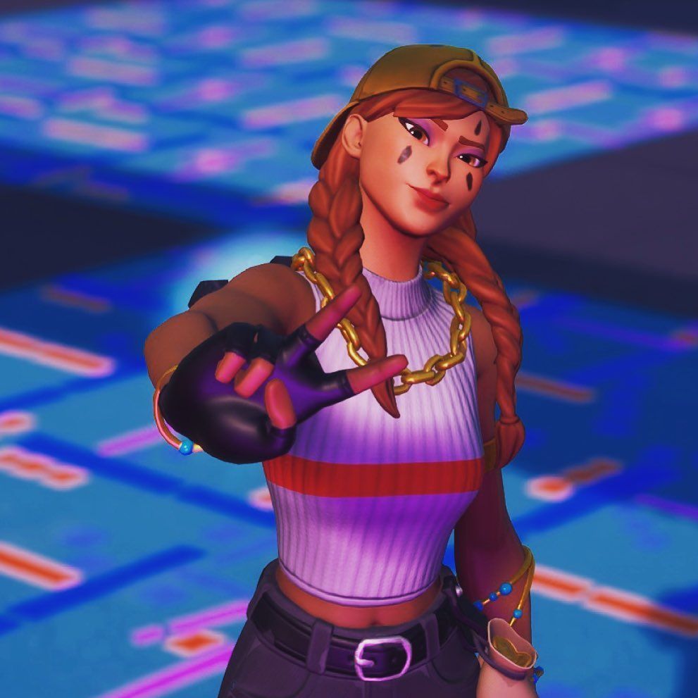 Fortnite, Skin, Rote Zöpfe, Peace-Zeichen, Blau, Hintergrundbild für iPad und Tablet