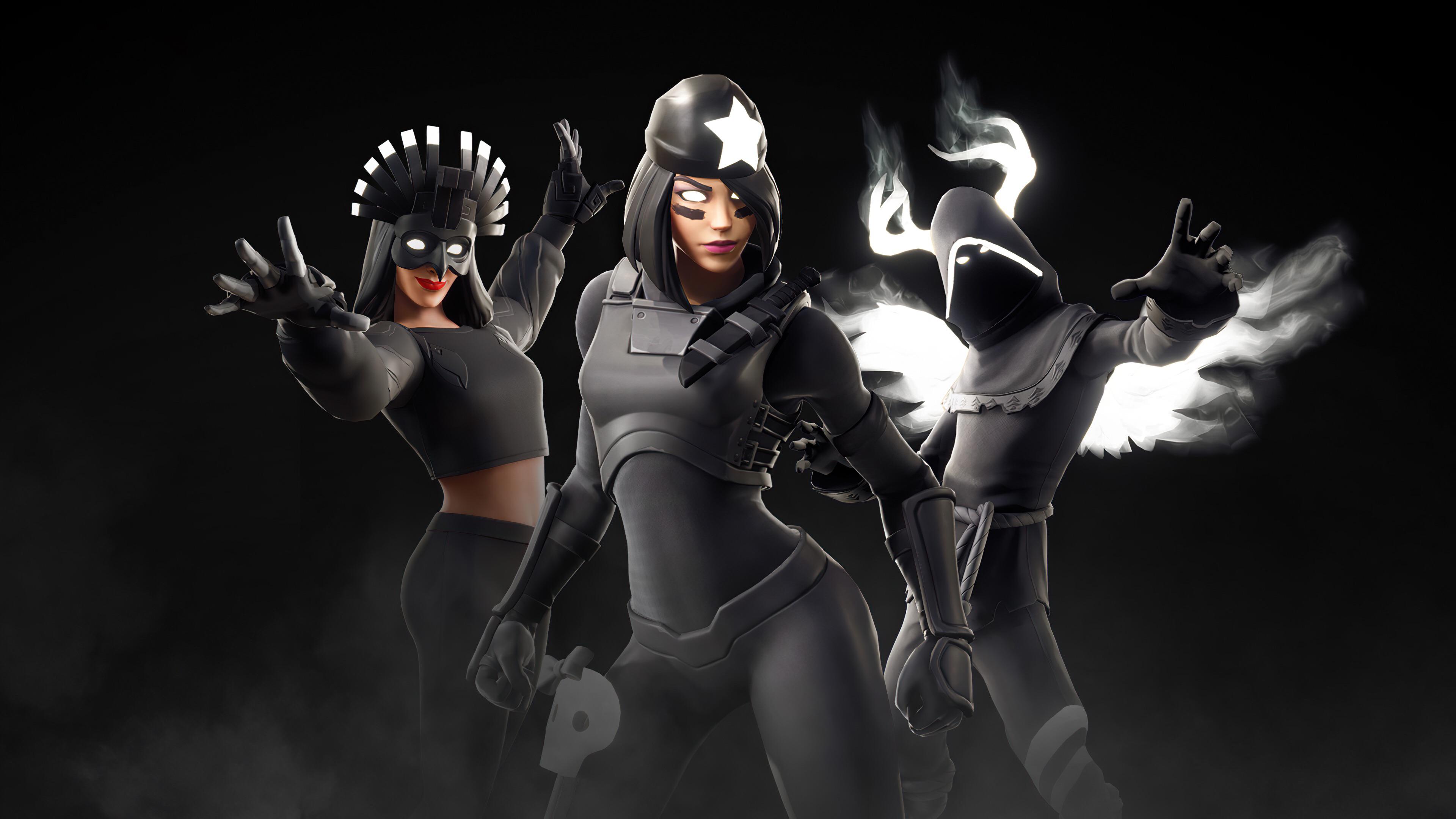 Fortnite, Skins, Schwarz-Weiß, Schatten, Gruppe, 4K, Hintergrundbild für den PC