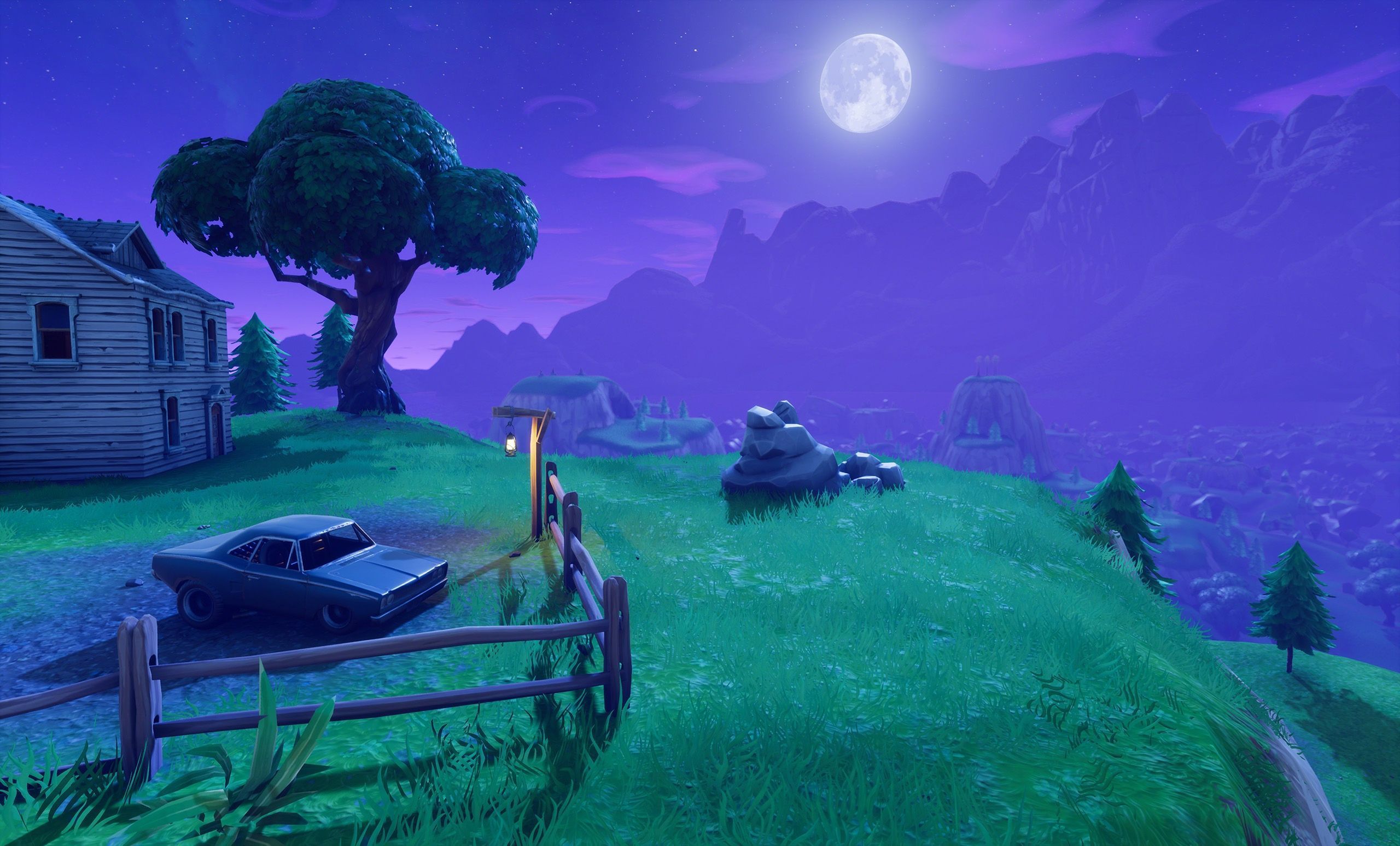 Fortnite, Landschaft, Baum, Haus, Mond, Nacht, 2K, Desktop-Hintergrund für Windows