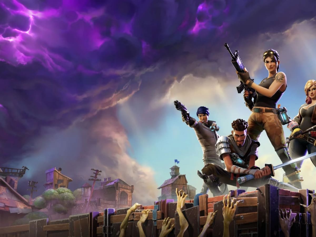 Fortnite, Sturm, Kampf, Gruppe, Lila Himmel, Hintergrundbild für iPad und Tablet