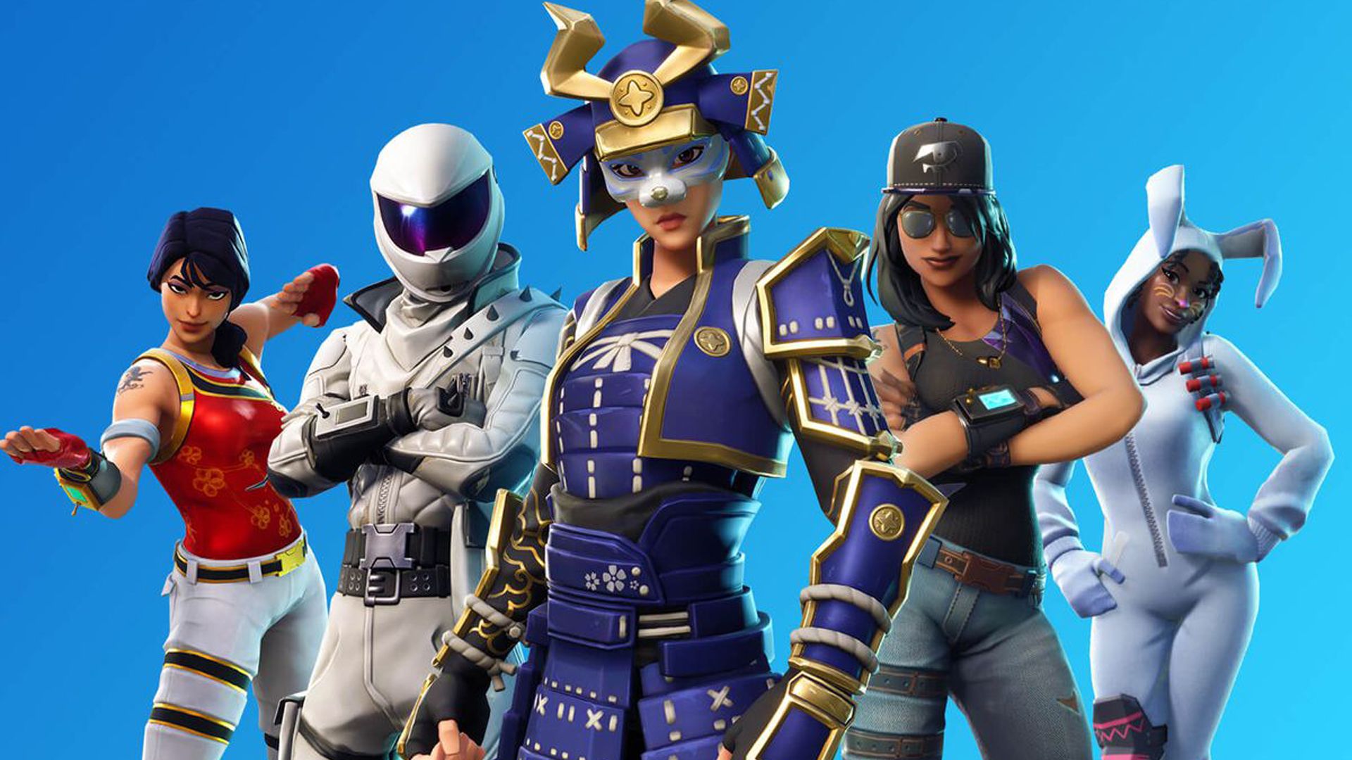 Fortnite, Skins, Samurai, Gruppe, Blauer Hintergrund, Full HD Wallpaper