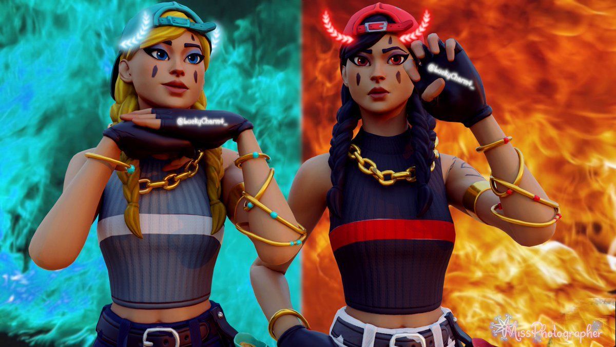 Fortnite, Skins, Zöpfe, Feuer, Wasser, Hintergrund